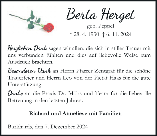 Traueranzeige von Berta Herget von Kreis-Anzeiger