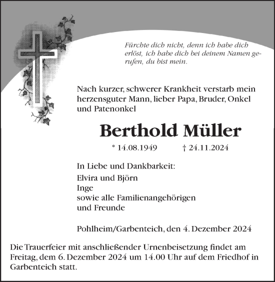 Traueranzeige von Berthold Müller von Giessener Allgemeine, Alsfelder Allgemeine, Giessener Anzeiger