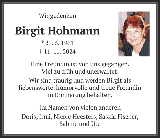 Traueranzeige von Birgit Hohmann von Giessener Allgemeine, Alsfelder Allgemeine