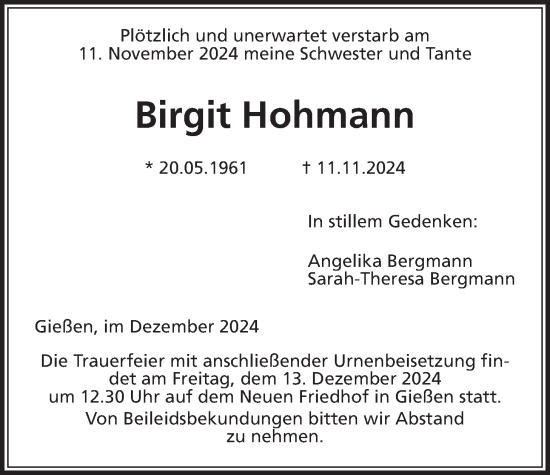 Traueranzeige von Birgit Hohmann von Giessener Allgemeine, Alsfelder Allgemeine