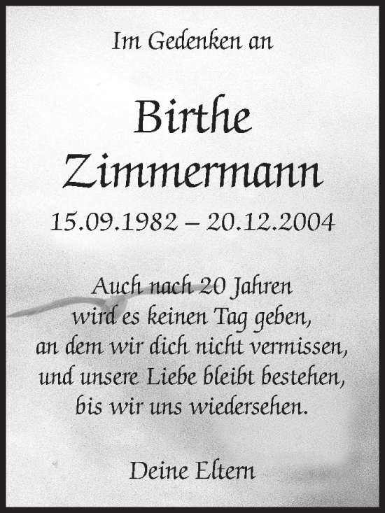 Traueranzeige von Birthe Zimmermann von Kreis-Anzeiger