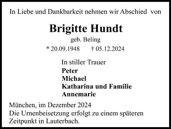 Traueranzeige von Brigitte Hundt von Lauterbacher Anzeiger