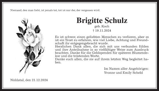 Traueranzeige von Brigitte Schulz von Wetterauer Zeitung, Wetterauer Zeitung