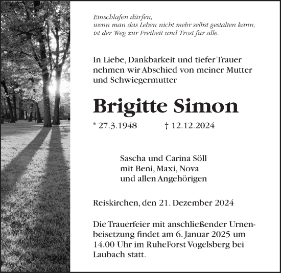 Traueranzeige von Brigitte Simon von Giessener Allgemeine, Alsfelder Allgemeine, Giessener Anzeiger, Giessener Allgemeine, Alsfelder Allgemeine, Giessener Anzeiger