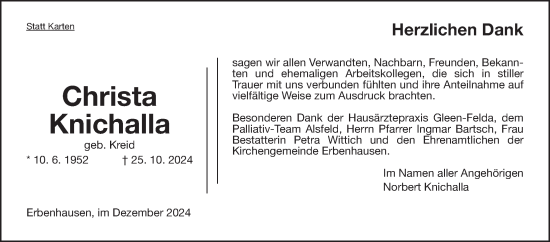 Traueranzeige von Christa Knichalla von Oberhessische Zeitung