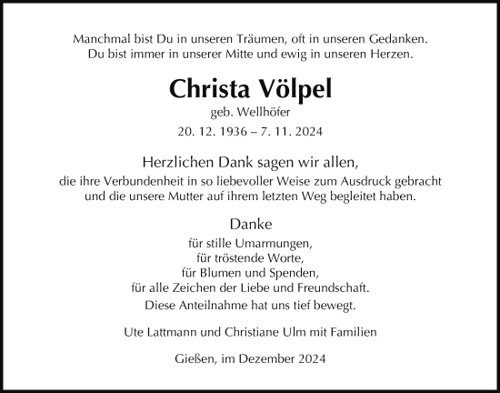 Traueranzeige von Christa Völpel von Giessener Allgemeine, Alsfelder Allgemeine, Giessener Anzeiger