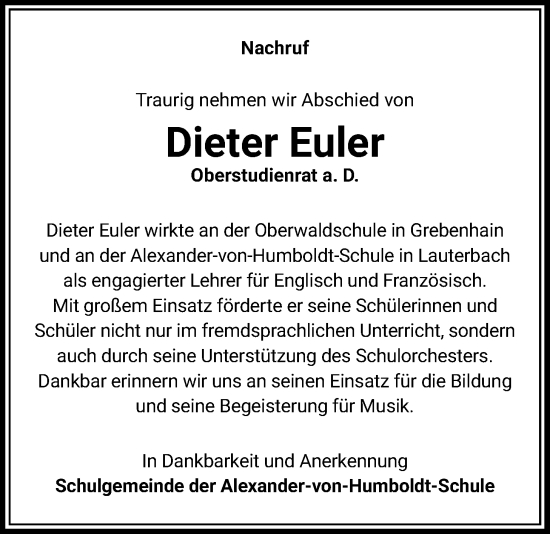 Traueranzeige von Dieter Euler von Lauterbacher Anzeiger