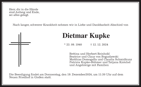 Traueranzeige von Dietmar Kupke von Giessener Anzeiger, Giessener Allgemeine, Alsfelder Allgemeine