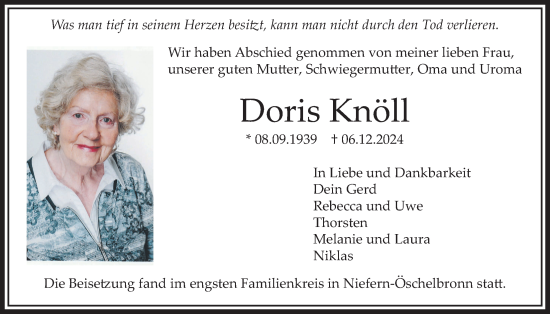 Traueranzeige von Doris Knöll von Bad Vilbel/Karben