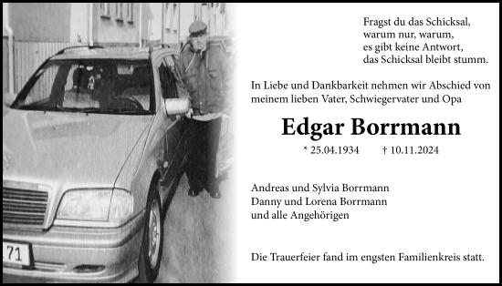 Traueranzeige von Edgar Borrmann von Giessener Anzeiger