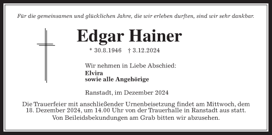 Traueranzeige von Edgar Hainer von Kreis-Anzeiger
