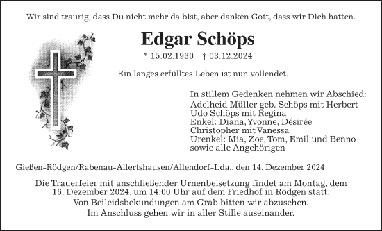 Traueranzeige von Edgar Schöps von Giessener Allgemeine, Alsfelder Allgemeine