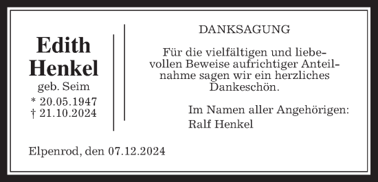 Traueranzeige von Edith Henkel von Giessener Allgemeine, Alsfelder Allgemeine