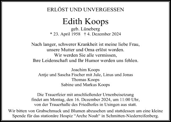 Traueranzeige von Edith Koops von Usinger Anzeiger