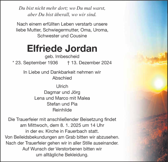 Traueranzeige von Elfriede Jordan von Butzbacher Zeitung