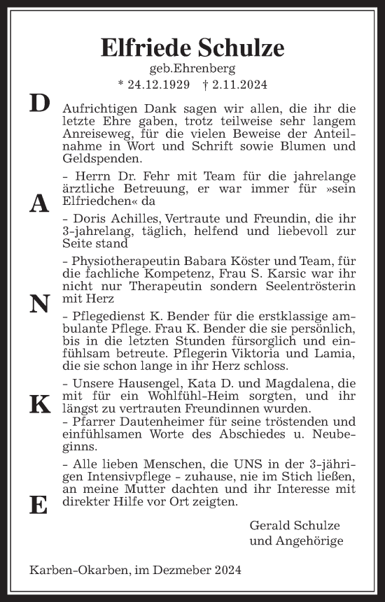 Traueranzeige von Elfriede Schulze von Bad Vilbel/Karben