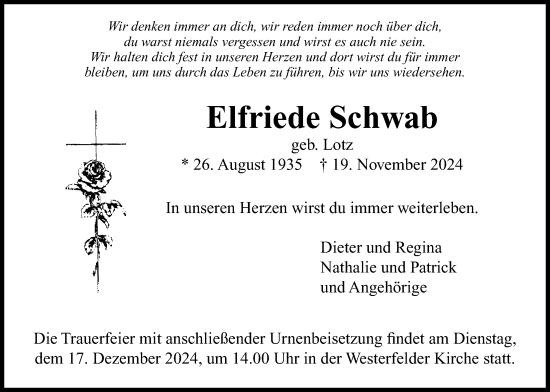 Traueranzeige von Elfriede Schwab von Usinger Anzeiger, Usinger Anzeigenblatt