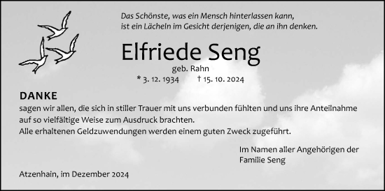 Traueranzeige von Elfriede Seng von Giessener Allgemeine, Alsfelder Allgemeine, Mücker Stimme