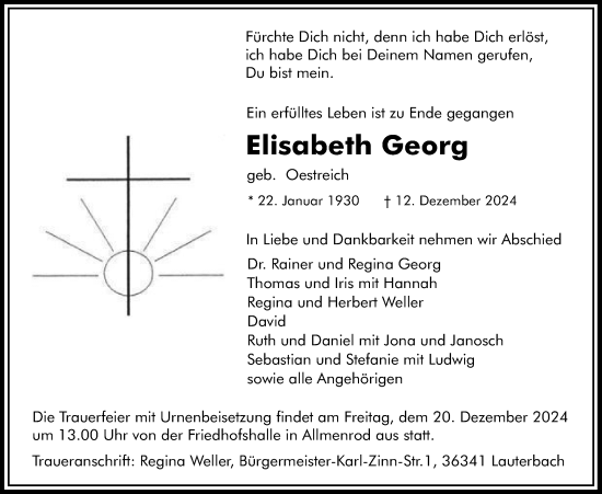 Traueranzeige von Elisabeth Georg von Lauterbacher Anzeiger