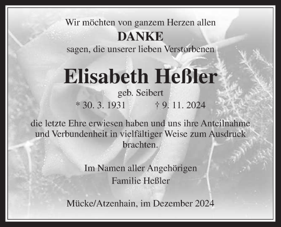 Traueranzeige von Elisabeth Heßler von Giessener Allgemeine, Alsfelder Allgemeine