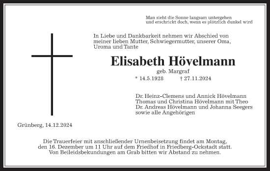 Traueranzeige von Elisabeth Hövelmann von Wetterauer Zeitung