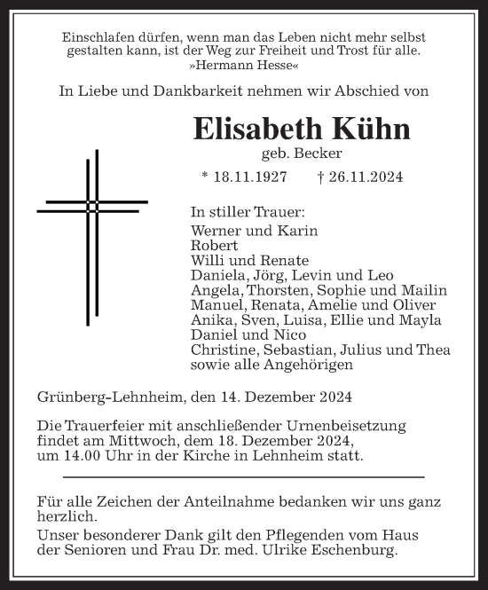Traueranzeige von Elisabeth Kühn von Giessener Allgemeine, Alsfelder Allgemeine