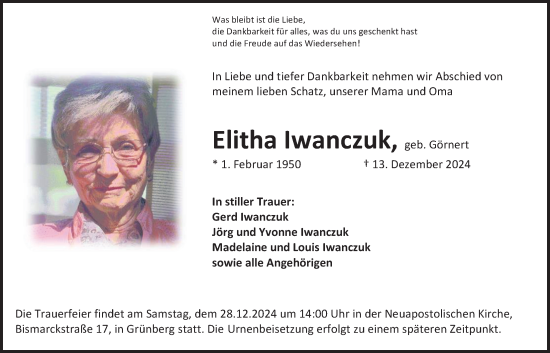 Traueranzeige von Elitha Iwanczuk von Giessener Allgemeine, Alsfelder Allgemeine, Giessener Allgemeine, Alsfelder Allgemeine