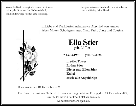 Traueranzeige von Ella Stier von Lauterbacher Anzeiger