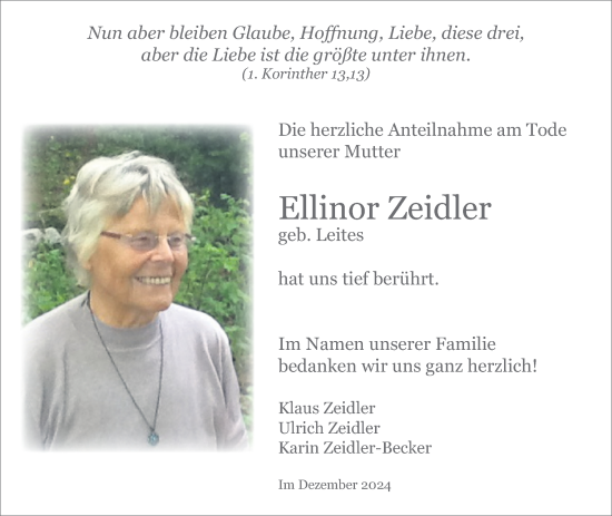 Traueranzeige von Ellinor Zeidler von Lauterbacher Anzeiger, Lauterbacher Anzeiger