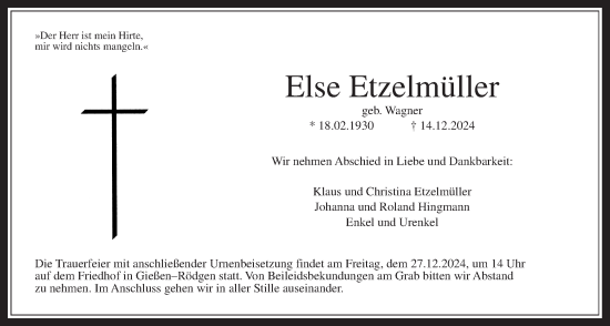 Traueranzeige von Else Etzelmüller von Giessener Allgemeine, Alsfelder Allgemeine, Giessener Anzeiger, Giessener Allgemeine, Alsfelder Allgemeine, Giessener Anzeiger