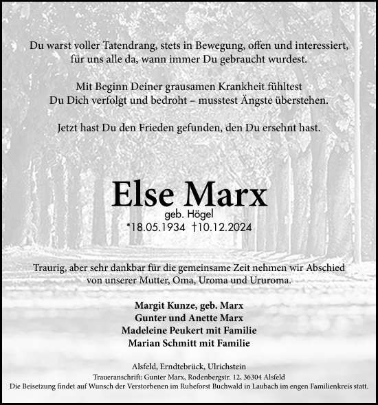 Traueranzeige von Else Marx von Oberhessische Zeitung, Oberhessische Zeitung