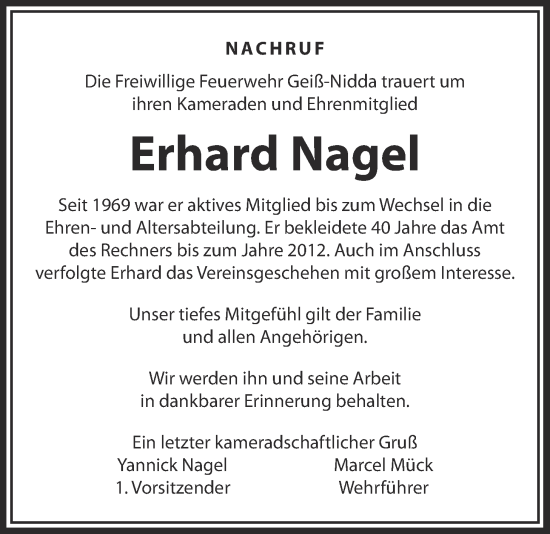 Traueranzeige von Erhard Nagel von Kreis-Anzeiger