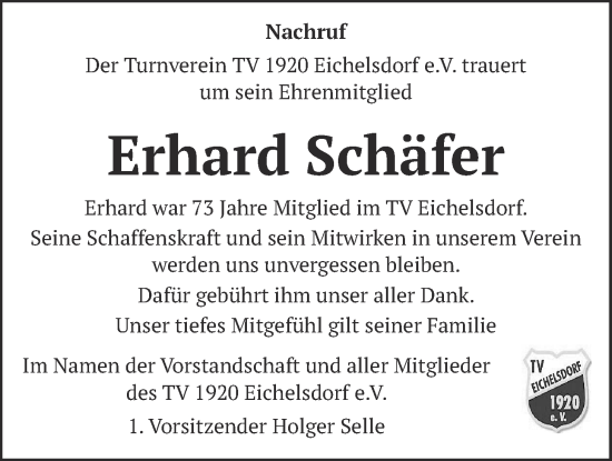Traueranzeige von Erhard Schäfer von Kreis-Anzeiger