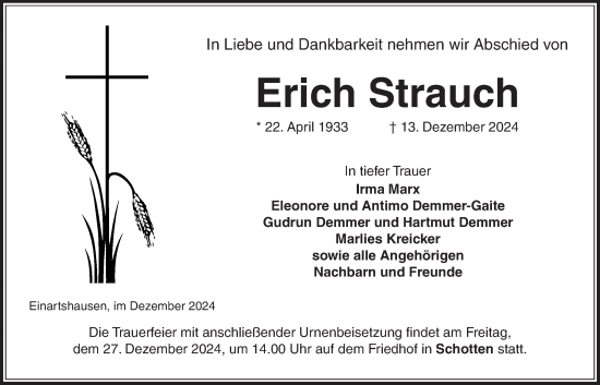 Traueranzeige von Erich Strauch von Kreis-Anzeiger
