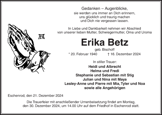 Traueranzeige von Erika Betz von Kreis-Anzeiger