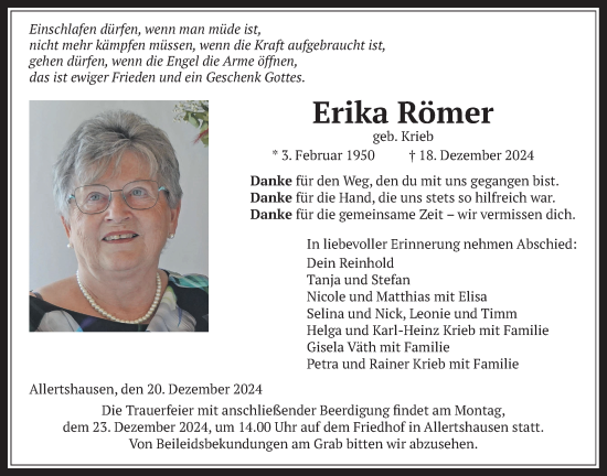 Traueranzeige von Erika Römer von Alsfelder Allgemeine, Giessener Allgemeine