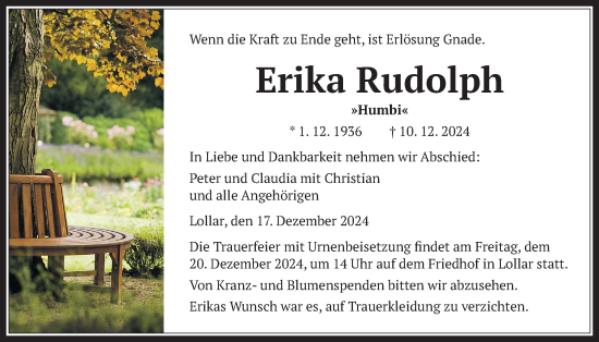 Traueranzeige von Erika Rudolph von Giessener Anzeiger