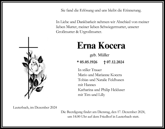 Traueranzeige von Erna Kocera von Lauterbacher Anzeiger
