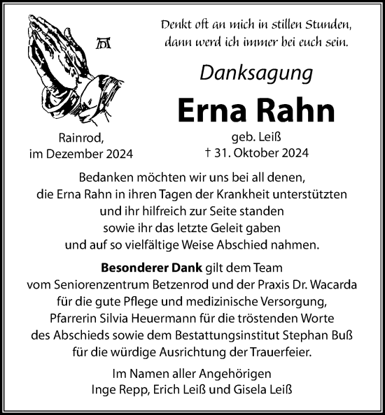 Traueranzeige von Erna Rahn von Kreis-Anzeiger