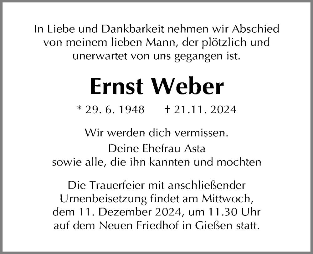  Traueranzeige für Ernst Weber vom 07.12.2024 aus Giessener Allgemeine, Alsfelder Allgemeine, Giessener Anzeiger