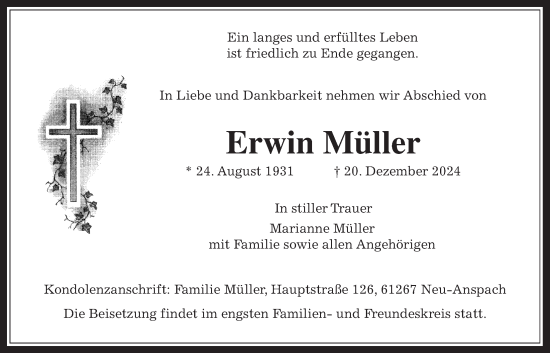 Traueranzeige von Erwin Müller von Usinger Anzeiger