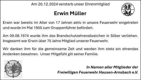 Traueranzeige von Erwin Müller von Usinger Anzeiger