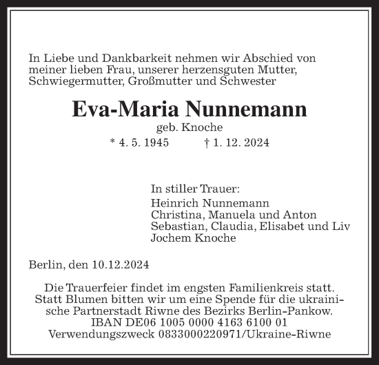 Traueranzeige von Eva-Maria Nunnemann von Giessener Anzeiger, Giessener Allgemeine, Alsfelder Allgemeine