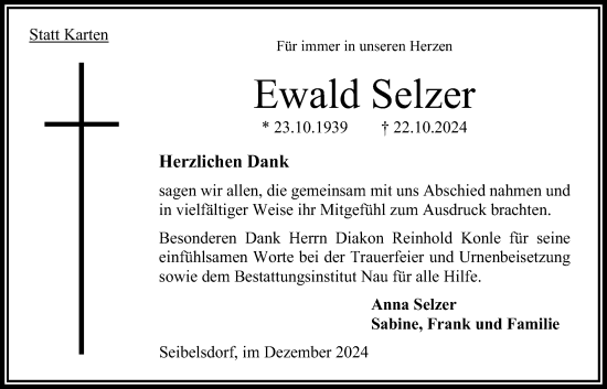 Traueranzeige von Ewald Selzer von Oberhessische Zeitung