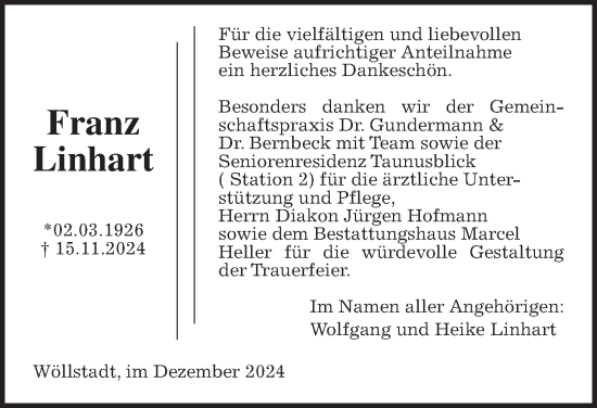 Traueranzeige von Franz Linhart von Wetterauer Zeitung