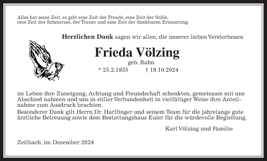 Traueranzeige von Frieda Völzing von Oberhessische Zeitung