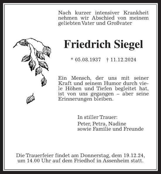 Traueranzeige von Friedrich Siegel von Wetterauer Zeitung