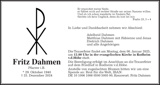 Traueranzeige von Fritz Dahmen von Wetterauer Zeitung