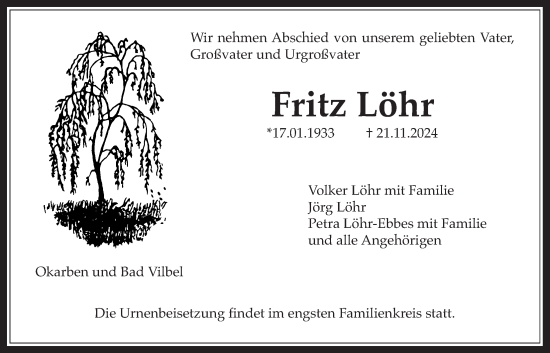 Traueranzeige von Fritz Löhr von Bad Vilbel/Karben