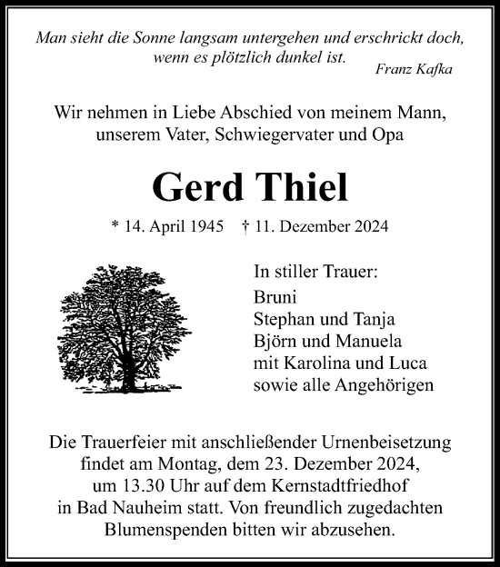 Traueranzeige von Gerd Thiel von Wetterauer Zeitung